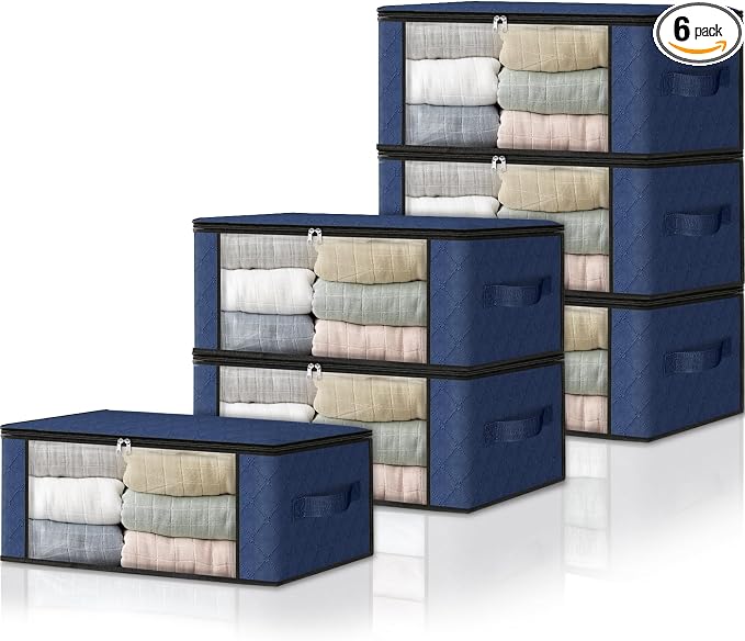 HomeHacks Storage 6-Pack Clothes Organizer Storage Bags Foldable Storage Box with Large Clear Window Sturdy Handles for Closet, Dorm, Pillows, Bedding, Clothes, Blankets, 35L, Blue by HomeHacks