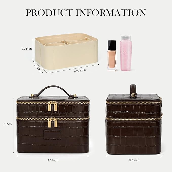 HiTotes Large Makeup Bag Crocodile Duo Vanity Case for Women Travel Toiletry Bag Leather Makeup Case Cosmetic Bag - Image 2