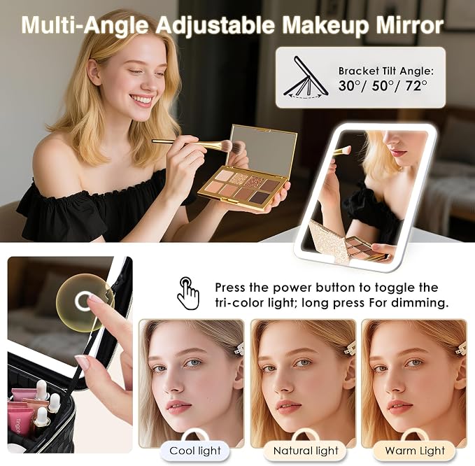 Faquenc Makeup Bag with LED Lighted Mirror 12.2 IN Travel Makeup Bag Adjustable Brightness in 3 Colors Cosmetic Organizer Artist Storage Bag with Dividers Brush Holder Bag Vanity Black Checkerboard - Image 4