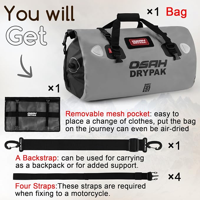 OSAH DRYPAK Waterproof Duffel Bag - Motorcycle Dry Bag Tail Bag with Large Storage Space, Waterproof Luggage Duffle Bags with Outer Mesh Zipper Pocket for Camping, Kayaking, Fishing & Traveling - Image 7