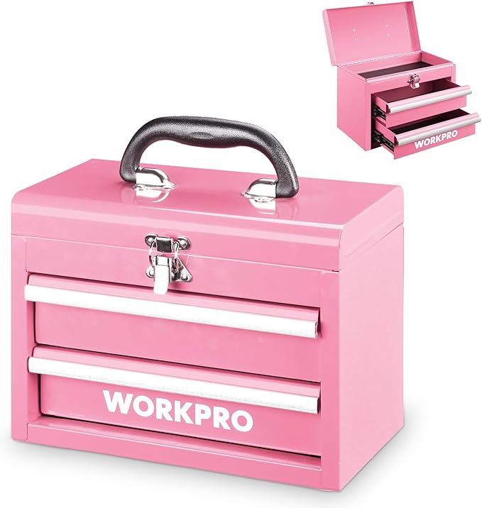 WORKPRO Portable Mini Metal Tool Box with 2 Drawers | Metal Tool Chest, Ball Bearing Slides, Top Storage, Latch Handle, PVC Drawer Liners, PP Feet Pads by WORKPRO