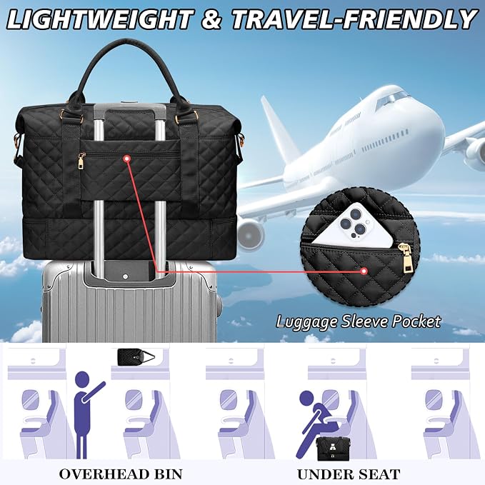 Gifts for Women Girls Initial Travel Duffle Bag Quilted Weekender Bags Carry-On Overnight with Cosmetic Bag, Gym Bag with Shoe Compartment, Black H - Image 8
