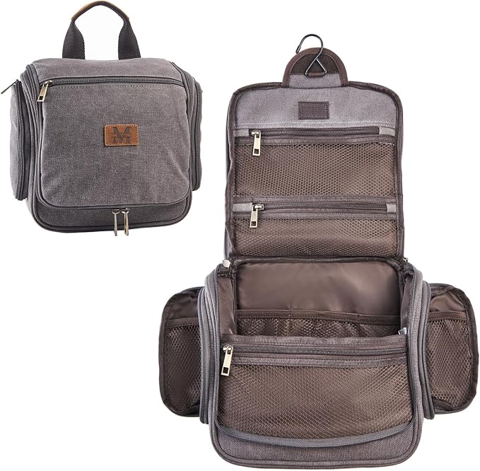 Canvas Toiletry Bag for Men Shaving Dopp Kit Bulk Travel Hanging Makeup Organizer with Sturdy Metal Hook Portable Cosmetic Bag for Women with Large Capacity Grey by AGDHERSNVX