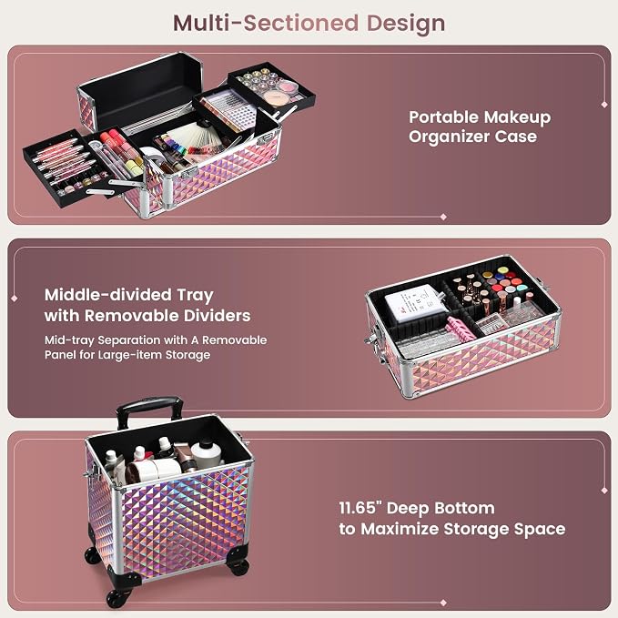 FRENESSA 3 in 1 Rolling Makeup Train Case Cosmetology Case on Wheels Pink | Cosmetic Trolley Large Storage with Keys 360° Swivel Salon Barber Case Traveling Cart Trunk for Artist Hairstylists Nail Tech - Image 2