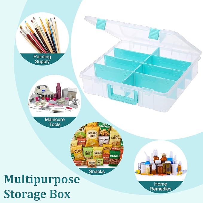 BTSKY Clear Plastic Dividing Storage Box with 8 Compartments Adjustable Storage Bin with Lid Portable Craft Storage Container Multipurpose Sewing Box Art Supply Organizer, 15.1x13.9x3.5 Inches - Image 7