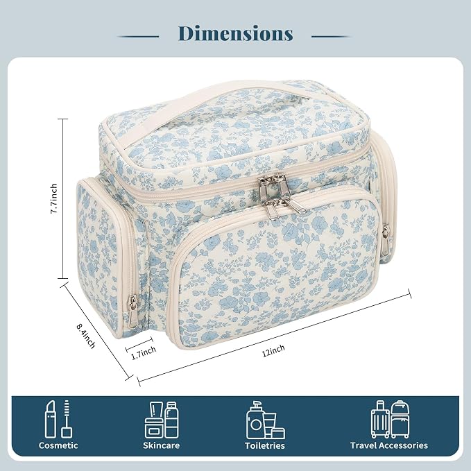 Bagmoly Large Cotton Makeup Bag, Quilted Floral Makeup Bag Organizer for Women Girls with Makeup Brush Compartment & Two Side Pockets, Cosmetic Travel Bag Vertical Storage- Blue Flower - Image 6