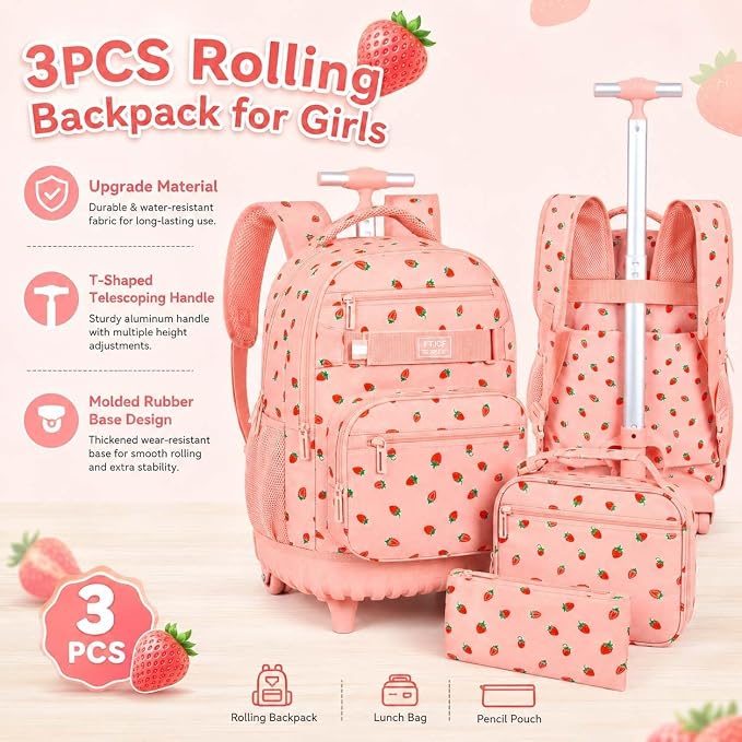 3Pcs Rolling Backpack for Women Girls with Large Wheels, 20 Inches Detachable Wheeled Backpack Set, Adults Water Resistant Roller Backpack for Travel, Work, College School (Pink) - Image 8
