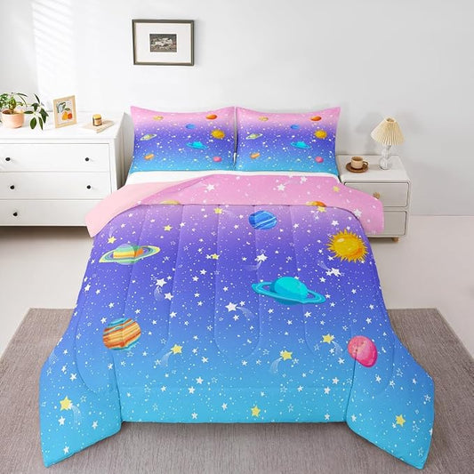 Erosebridal Cute Galaxy Comforter Set King for Boys Girls Kids Stars Planet Space Bedding Set Kawaii Rainbow Pastel Bedding Comforter Sets Pink Blue Purple Ombre Cartoon Quilt Duvet 2 Pillow Cases by Erosebridal