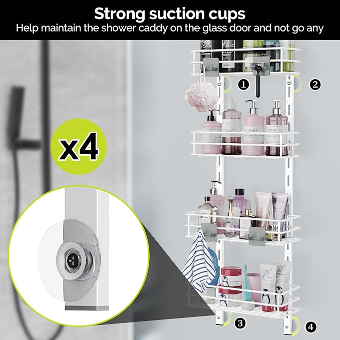 Orimade Over the Door Shower Caddy Adjustable 5 Tier Black,Bathroom Hanging Organizer Shelf Rustproof with 4 Hooks,Shower Basket with Soap Holder and Suction Cup, White - Image 6