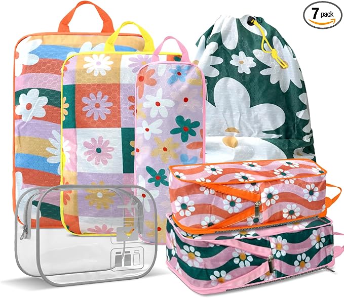 Colored Flower Compression Packing Cube Kit 7 Piece | Quick-Dry, Breathable Mesh, Carry-On Compatible Travel Essentials for Clothes, Shoes, Cosmetics & Toiletries, Multi by Unknown