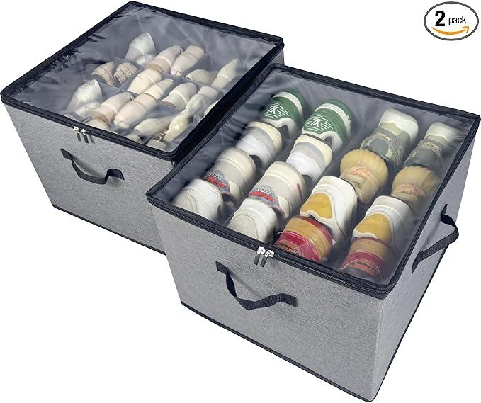 Shoe Organizer Box 2 Pack, Shoe Storage Organizer with Clear Cover, Adjustable Dividers Fits 16-32 Pairs, Fabric Shoe Organizer for Closet, Grey by Vexalora