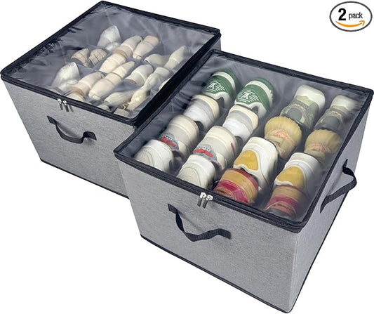 Shoe Organizer Box 2 Pack, Shoe Storage Organizer with Clear Cover, Adjustable Dividers Fits 16-32 Pairs, Fabric Shoe Organizer for Closet, Grey by Vexalora
