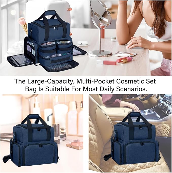 Large Makeup Bag Double Layer with 3 Removable Case,Blue | Large Makeup Bag with 3 Removable Case and 2 Removable Dividers Double Layer Travel Cosmetic Makeup Brushes Storage Section - Image 6