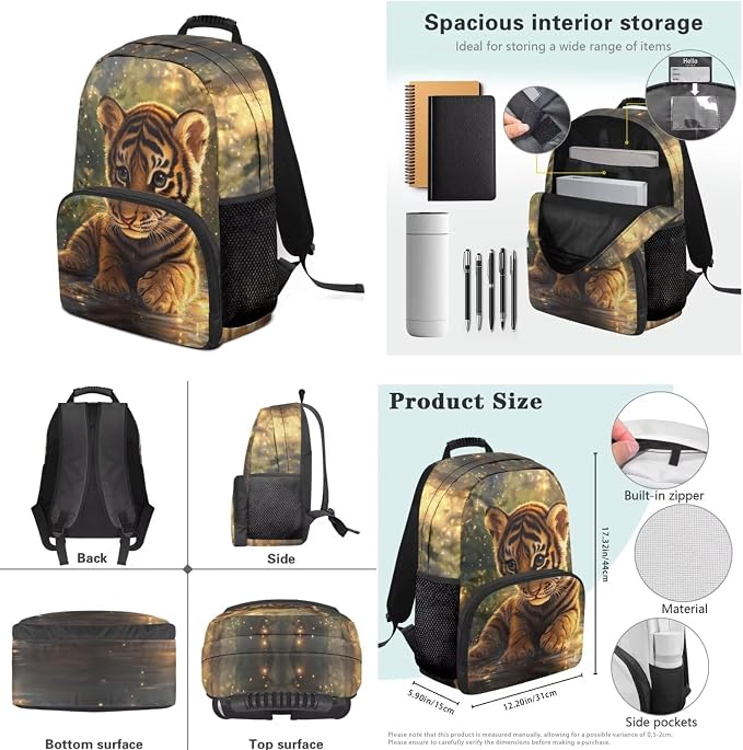 Cute Tiger Backpack for Kids Boys Backpack with Lunch Box Water Bottle Pouch and Big Pencil Case Pouch 4PCS Set Bookbag with Compartments 17 inch Study School Bag Kids Back to School Gifts - Image 7