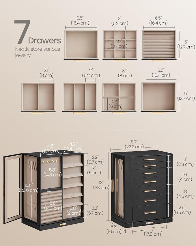 SONGMICS GISELLA Collection - Jewelry Box 360° Rotating, Jewelry Storage Case with 7 Drawers, Jewelry Organizer, Glass Window, Open Design, Great Gift, Ink Black UJBC201B01 - Image 4