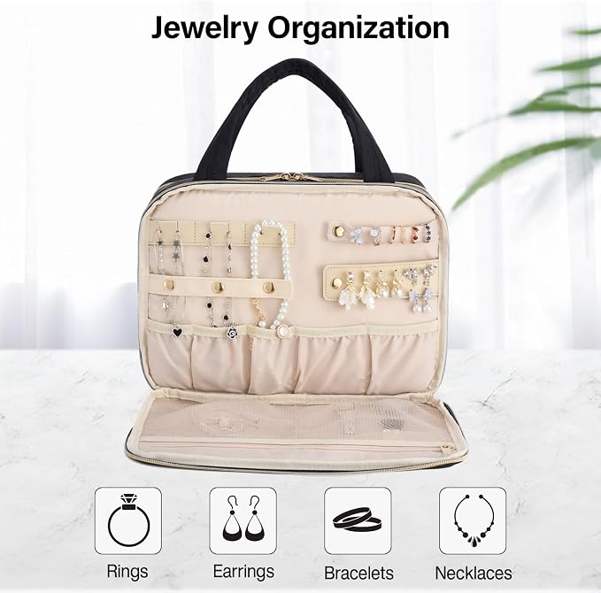 Hanke Hanging Travel Toiletry Bag with Jewelry Organizer, Black | Large Capacity, Holds Full-Size Bottles, Water & Stain Resistant, 360° Swivel Hook, Trolley Sleeve, Women's Makeup Organizer - Image 3