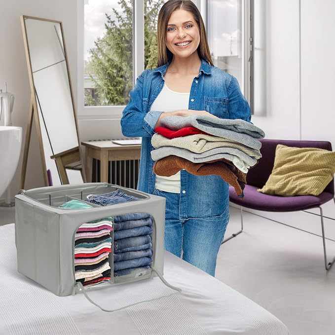 Sorbus Storage Bins with Divided Interior - Large Stackable & Foldable Organizer Containers with Metal Frame, Oxford Fabric, Large Window & Carry Handles - Organization for Bedroom, Linens & Clothes - Image 5