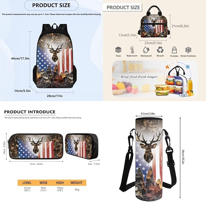 School Backpack 4 Pcs Set Include Insulated Lunch Bag and Pencil Box and Water Bottle Bag, School Bookbag Outdoor Travel Bags Casual Daypack for Teens Kids, American Flag Deer Branch - Image 7