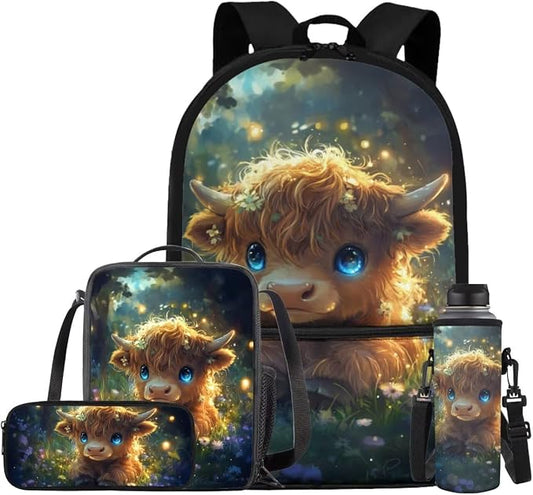Cute Highland Cow Backpack for Girls Kids Backpack with Lunch Box Water Bottle Carrier and Soft Pencil Case 4PCS Set Cute Bookbag with Front Pocket 17" Large Capacity Elementary School Bag by ELEDIZI