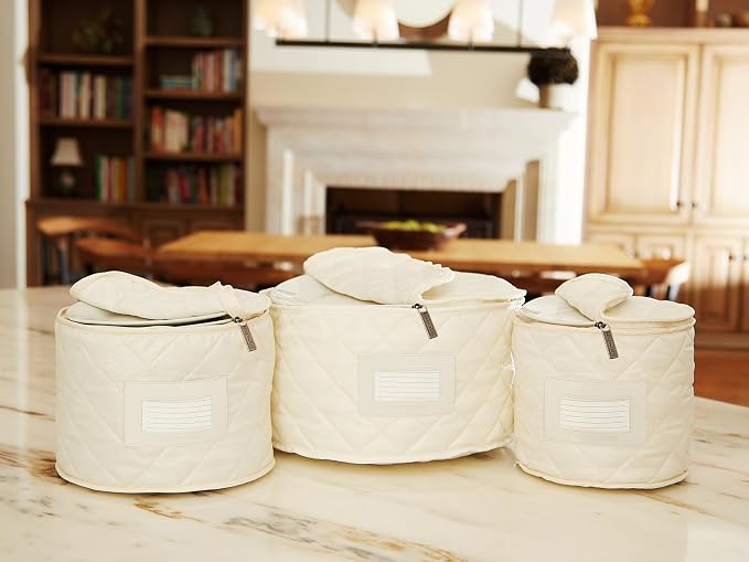 Covermates Keepsakes Dish Storage Set – Padded China & Dinnerware Storage Cases with Dividers, Cup & Stemware Storage, Quilted Polyester Protection, ID Window, Cream - Image 4