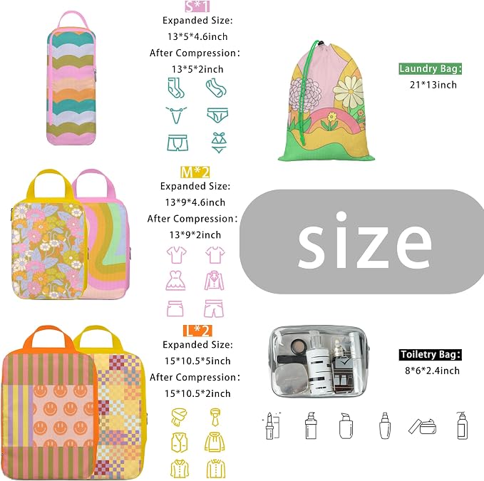 8 Pcs Compression Packing Cubes for Travel, Lightweight Waterproof Luggage Organizer Bags Set, Washable Packaging Cubes for Women Backpack Carry-On Suitcases - Image 3