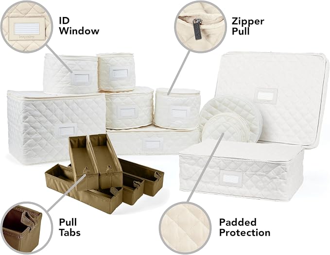 Covermates Keepsakes Dish Storage Set – Padded China & Dinnerware Storage Cases with Dividers, Cup & Stemware Storage, Quilted Polyester Protection, ID Window, Cream - Image 2
