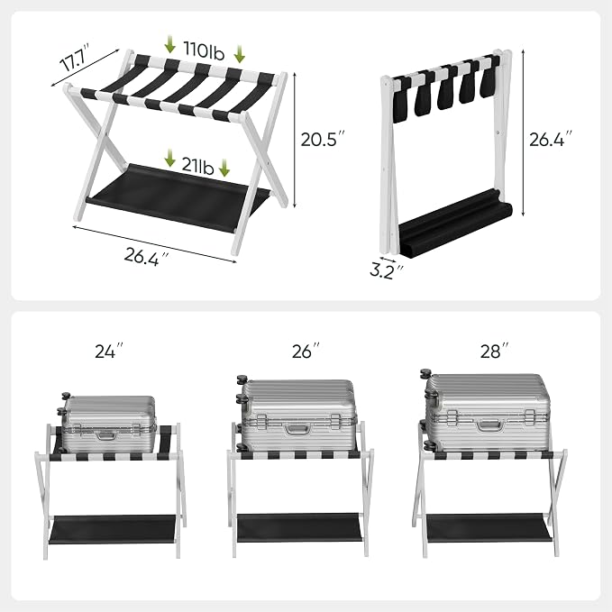 Smart FENDEE 2 Pack Luggage Rack, Folding Luggage Rack for Guest Room, White Bamboo Suitcase Stand Holds up to 131 lb, Luggage Stand with Storage Shelf for Hotel, Bedroom - Image 3