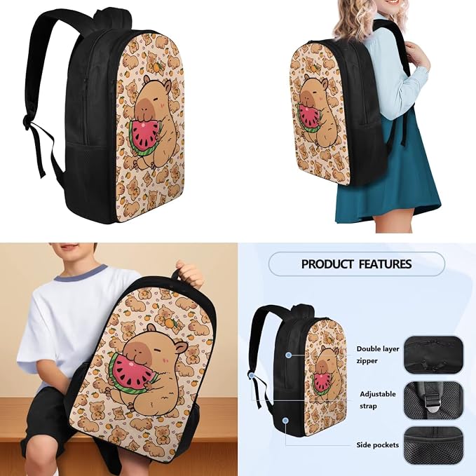 Capybara Watermelon Backpack Set for Girls Include Insulated Lunch Bag and Pencil Box and Water Bottle Bag, Kids 4 Pcs School Bookbag Outdoor Travel Bags Casual Daypack - Image 3