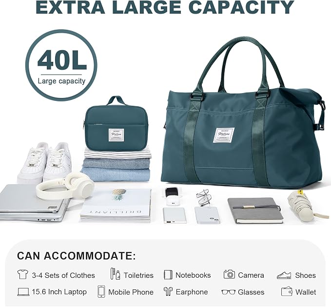 HYC00 Travel Duffel Bag with Toiletry Bag,Weekender Overnight Bag for Women,Carry-on Bag with Wet Pocket,Gym Bag,Extra Large,Peacock Blue - Image 3