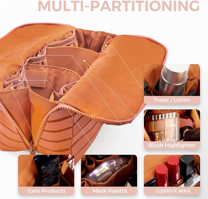 Travel Makeup Organizer Bag with Fold-Down Design and Adjustable Dividers, 27 Pockets & 3 Brush Storage Holders, Large Capacity Cosmetic Bags Toiletry Case (Brown, Large) - Image 2