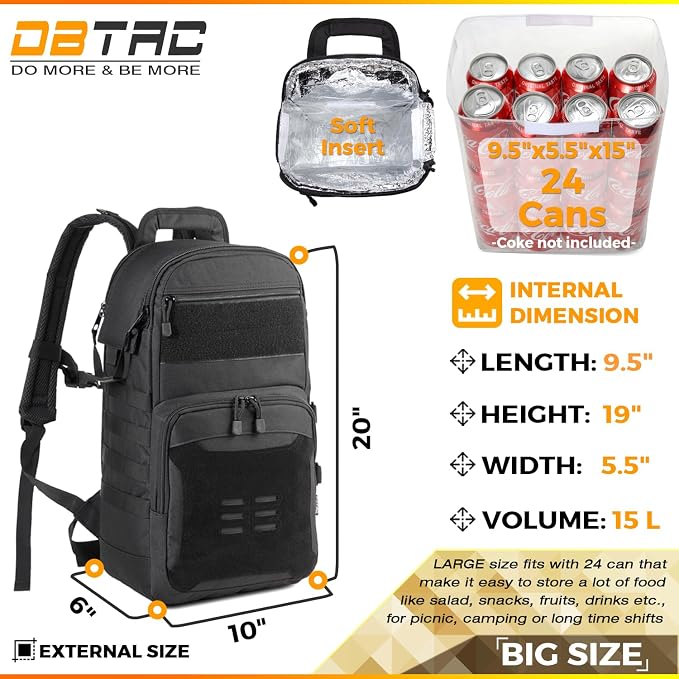 DBTAC Tactical Lunch Backpack, Large Lunch Cooler for Men Women | Backpack Coolers insulated for Work Picnic Travel (Charcoal Camo, 24-Cans) - Image 3
