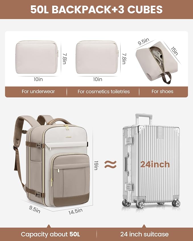 LOVEVOOK 50L Travel Backpack for Women & Men - 18 Inch Carry On Backpack & Personal Item Backpack for Airlines, Spacious and Durable Design, with 3 Packing Cubes - Image 3
