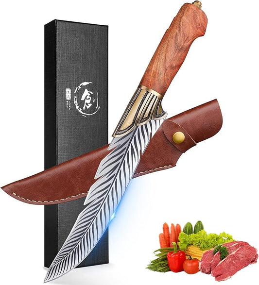 ROCOCO Feather Viking Knife Japanese Boning Knife with Sheath Outdoor Camping BBQ Collection Birthday Father Mother Christmas Gift Idea Men 6.5"