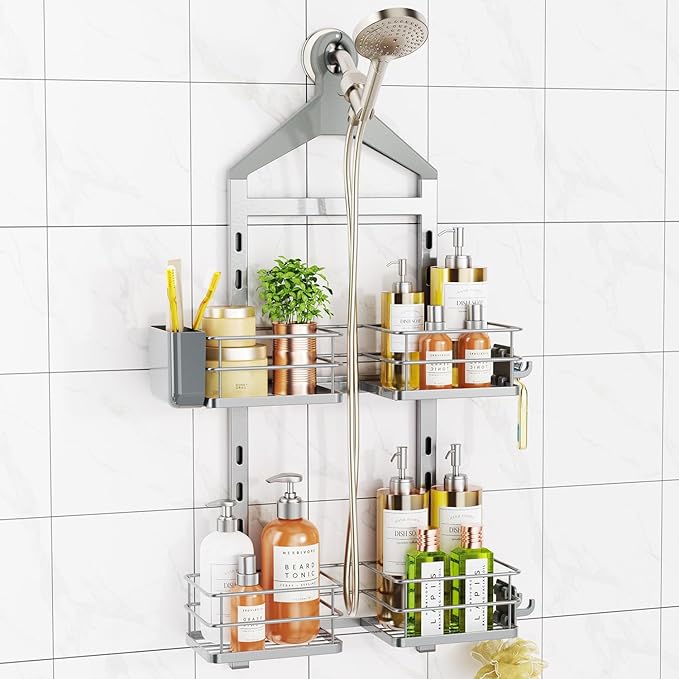 ODesign 2 Tier Shower Caddy for Handheld Shower Heads Anti-Swing Silver | No drilling required,comes with removable hook and storage box,suitable for handheld and wall-mounted showerheads by ODesign