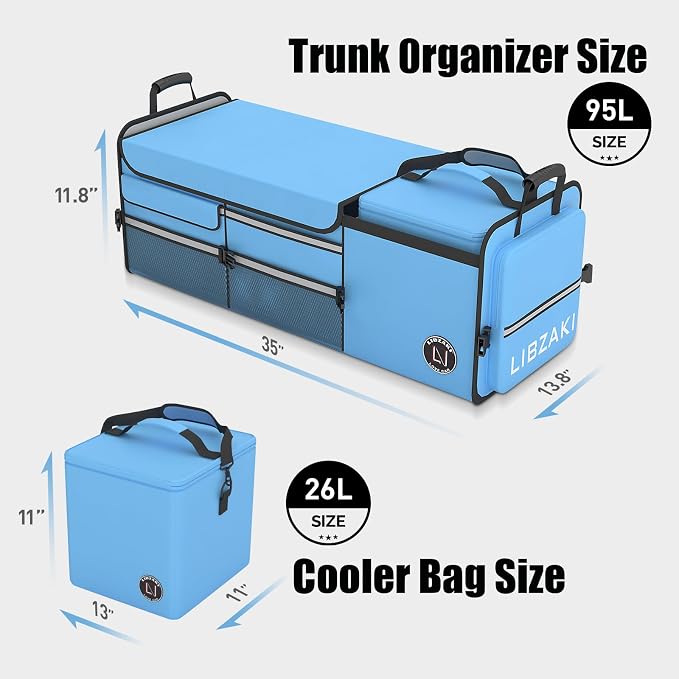 LIBZAKI Oversize 4 in 1 Car Trunk Storage Organizer, Multi Compartment Collapsible Trunk Storage Box with Cooler Bag for Car Truck SUV-Light Blue - Image 6
