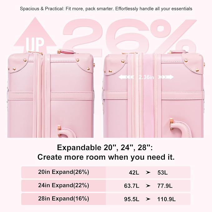 NZBZ Vintage Luggage Sets for Women Retro Suitcase Cute Vintage Expandable Luggage of 3 (Blush Pink, 20inch & 24inch & 28inch) - Image 4