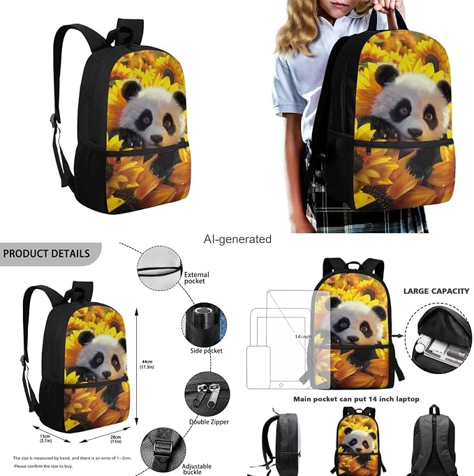 Sunflower Panda Backpack for Girls Boys Backpack with Lunch Box Water Bottle Holder with Strap and Pencil Case 4PCS Set Bookbag with Front Pocket for School 17 inch Sturdy School Bag for Kids - Image 3