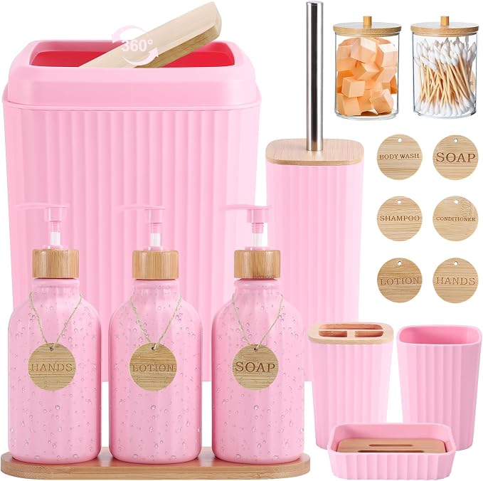 Pink Bathroom Accessories Set 17PCS Bathroom Set with Trash Can 3PCS Lotion Soap Dispenser, Toothbrush Holder, Soap Dish,Tumbler Cup,6PCS Wood Tags Bath Accessories with Tray for Kitchen Bathroom by BetterbathroomwithXLHOME