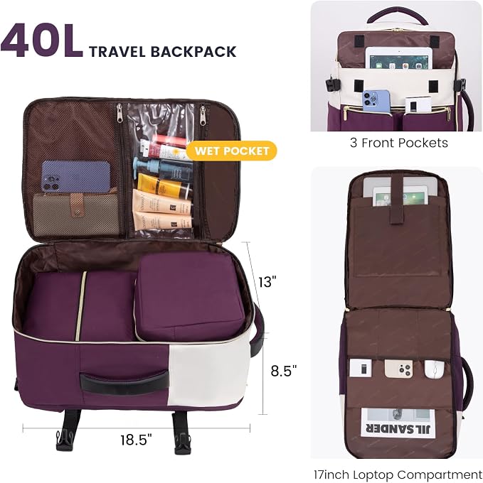 LOVEVOOK 40L Large Travel Backpack for Women, Flight Approved, Waterproof, TSA Compliant, Fits 17.3'' Laptop, 17 Pockets, 3 Packing Cubes - Image 2