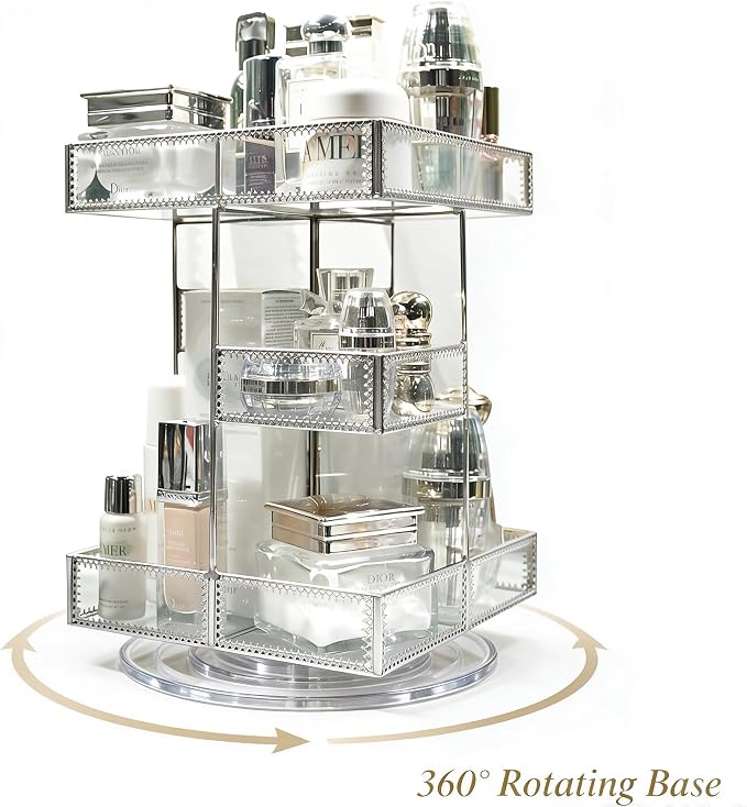 Luxury Silver Glass Cosmetic Storage Organizer, 4-Tier Makeup Display Case with Multiple Compartments, Countertop Vanity Organizer for Perfume, Skincare, Cosmetics, Bathroom Dresser Storage Rack - Image 4