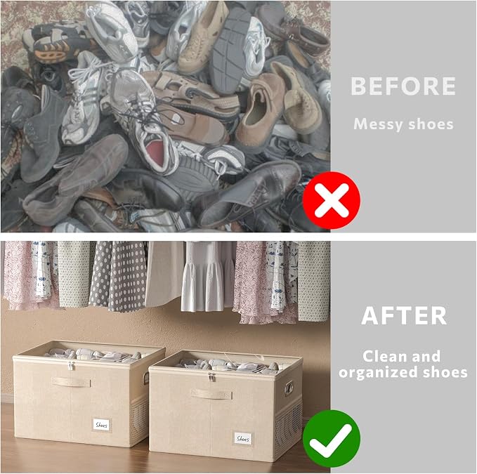 2 Pack Shoe Organizer for Closet Large Shoe Box Storage Containers with Clear Window Space Saving Shoe Bin with Foldable Bottom Support Adjustable Dividers Fits 32 Pairs (Beige, (19.7x15.7x13inch)x2) - Image 7