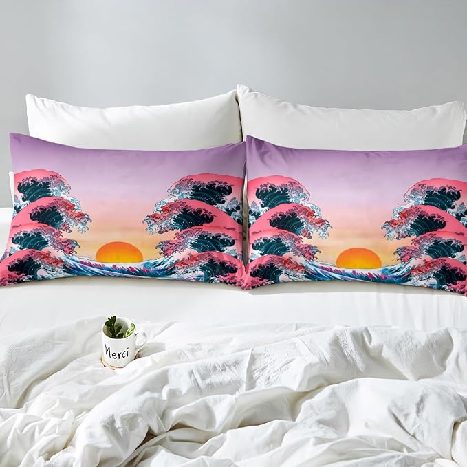 Japanese Style Duvet Cover Twin Japanese Wave Pattern Bedding Set with Zipper Ties Surf Water Abstract Sunset Pattern Comforter Cover Set for Adult Women Girls Teen Soft Microfiber Comforter Cover - Image 4