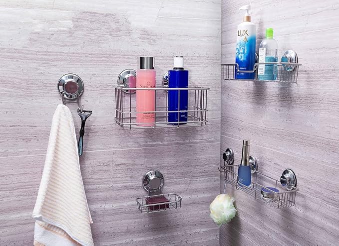 SANNO Suction Cups Shower Caddy Soap Dish Holder for Large Shampoo Shower Gel Holder Bathroom Storage Bath Organizer Kitchen Storage Basket for Shampoo, Conditioner, Soap- Rustproof Stainless Steel - Image 8