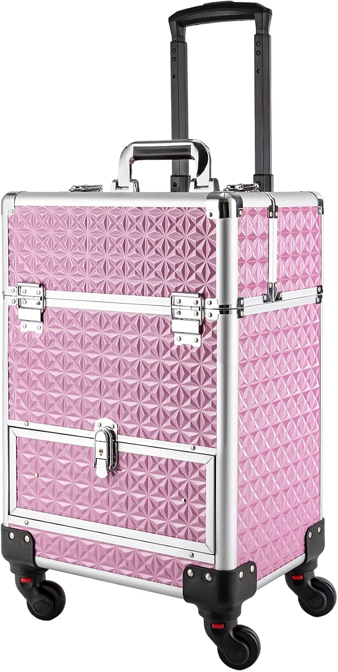 Rolling Makeup Case Cosmetic Train Cases 4 Tray with Sliding Rail Rolling Makeup Cart Cosmetic Trolley 3 Tier Travel Case Salon Barber Case for Makeup Tattooist Nail Tech Hairstylists - Image 4