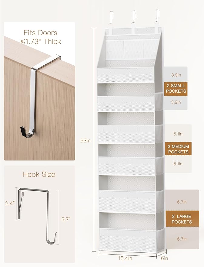Criusia 2 Pack Over the Door Organizer, Heavy-Duty 6-Shelf Hanging Storage with 13 Mesh Pockets, 55lbs Capacity Behind the Door Storage for Nursery, Bathroom, Bedroom, and Dorm, White - Image 2