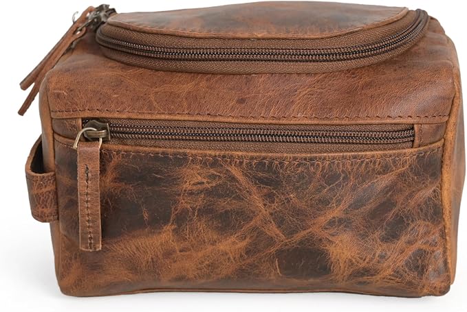 (7.5 inch Small) Real Full Grain Leather Toiletry Bag for Men, Dopp kit with Waterproof Lining, Toiletries Organizer, Grooming Travel Bag Pouch, Bathroom Shaving Kit Zipper Bag by RusticVintage