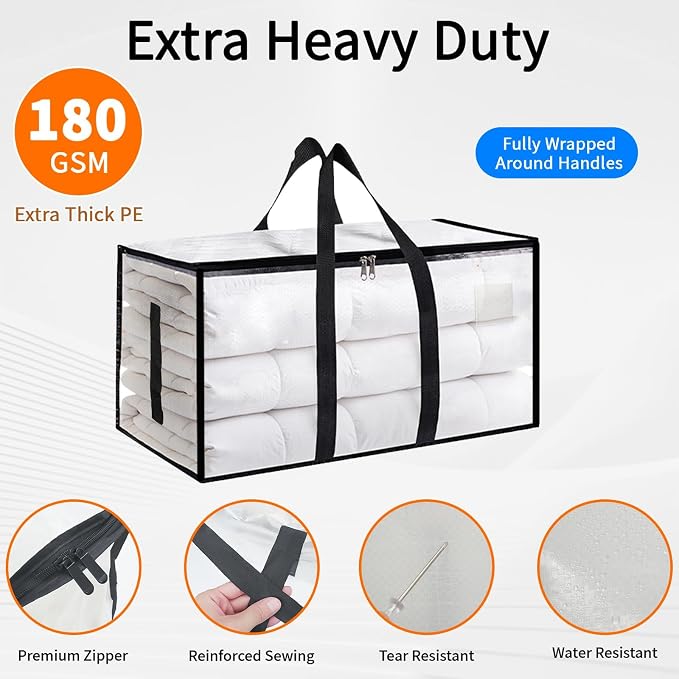 8 Pack-Extra Large Heavy Duty Moving Bags - Waterproof Storage Totes with Handles & Zippers, Foldable for College Dorm, Storage (Clear) - Image 7