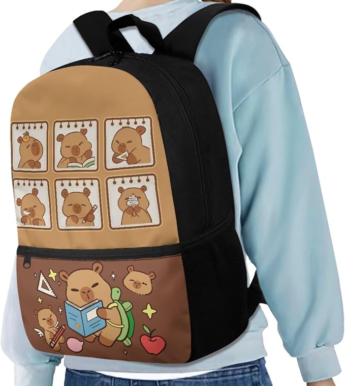 Cappybara Backpack 5 Pcs Kids Backpack with Lunch Box Water Bottle Pouch and Kawaii Pencil Case Bookmark 5Pcs Set for Travel Preschool Back to School Supplies - Image 2
