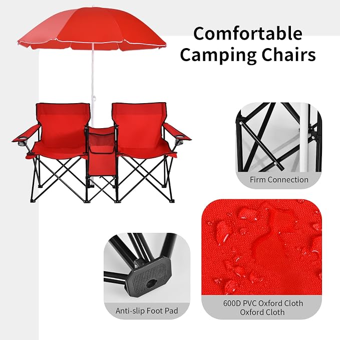Goplus Double Camping Chair with Umbrella, Folding Loveseat Chairs w/Canopy Shade, Carrying Bag, Table, Cup Holder, Portable Beach Chairs Outdoor Picnic Patio (Red) - Image 3