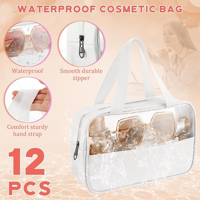 Buryeah 12 Pcs Translucent Makeup Bag Toiletry Organizer for Women Men Waterproof Portable Cosmetic Bag with Hanging Handles Travel Storage Carry Pouch Gifts for Bridesmaid (White) - Image 3